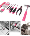 Pink Portable Toolbox Kit For Women, 18-Piece Hand Tool Set with pink hammer, pliers, measuring tape, and screwdrivers.