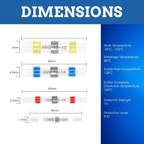 Dimensions chart for All In One Solder Seal Wire Connector Kit With KableSeal Tech 450 Pieces AWG 26-10.