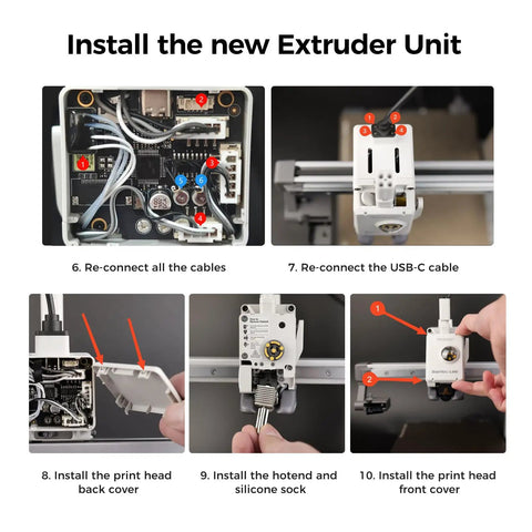 Heavy Duty Bambu Lab A1 And A1 Mini Extruder Unit Replacement showcasing installation steps and wiring for smooth 3D printing.