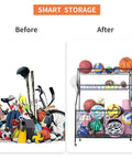 Go-To Heavy Duty Carbon Steel Sports Equipment Storage Cart With 2 Baskets And 2 Locking Wheels Large Mesh Bins shown before and after organizing sports gear