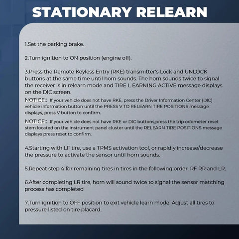 Instructions for stationary relearn process for Preprogrammed 315MHz TPMS Tire Pressure Monitor Sensor Fits GM Cars.