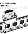 Close-up of Rock Solid Side Mounted Ball Bearing Drawer Slides With Smooth Silent Glide Mechanism and Built Tough Cold Rolled Steel Frame.