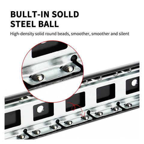 Close-up of Rock Solid Side Mounted Ball Bearing Drawer Slides With Smooth Silent Glide Mechanism and Built Tough Cold Rolled Steel Frame.