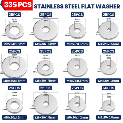 335 Piece 304 Stainless Steel Flat Washers Set With 12 Sizes M3 Through M12 For Screws And Bolts Ideal For Industrial Projects And Fender Washer Style Metal Washers Kit, assorted sizes