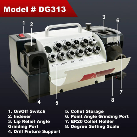 Top Shelf Drill Bit Sharpener That Revives Muted Edges Quick With Locked Angle Jigs And Pro Spec ER Collet Holds, model DG313 detail view.