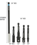 Beefy Five Piece Impact Driver Bit Set With Hex Socket Adapters And Six Inch Drill Extension Includes 1/4 Inch Hex Bits