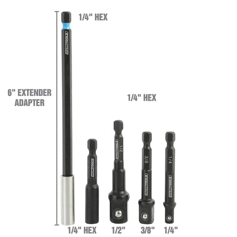 Beefy Five Piece Impact Driver Bit Set With Hex Socket Adapters And Six Inch Drill Extension Includes 1/4 Inch Hex Bits