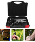 Heavy Duty Carbon Steel Tent Stakes Set With Plastic Head And Gray Remover Tool in carrying case with usage images