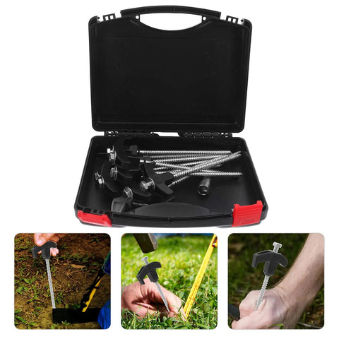 Heavy Duty Carbon Steel Tent Stakes Set With Plastic Head And Gray Remover Tool in carrying case with usage images
