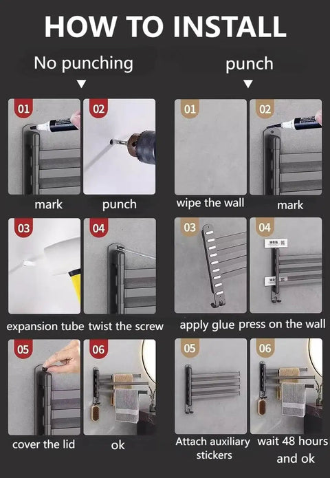 Installation guide for Rotating Towel Rack For Bathroom Kitchen And Balcony, Space Saving Over The Door Towel Holder, Durable Outdoor Poolside Rack, No Fuss Easy Install, Fits Cabinets And Any Decor Style, Sturdy Metal Construction.