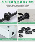 Four images of Three Quarters Inch Black Snap In Knockout Insulating Bushing Kit For Wiring Cables And Hoses installation and uses.
