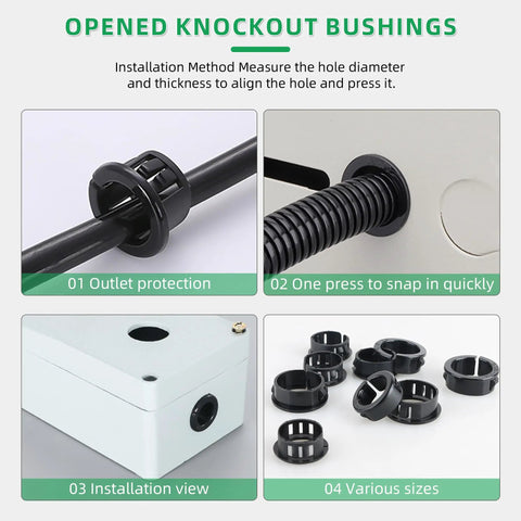 Four images of Three Quarters Inch Black Snap In Knockout Insulating Bushing Kit For Wiring Cables And Hoses installation and uses.