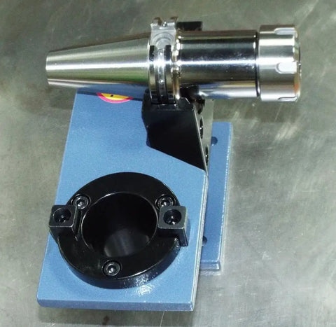 Universal CNC Tightening Fixture For CAT BT50 Collet Chucks, Beefy Yet Precise Heavy Duty Steel, Vertical Or Horizontal Mount, Easy Bench Install, Machinist Favorite For Rock Solid Grip Tension, Veteran Owned. CAT BT50 chuck on bench-mounted steel fixture.