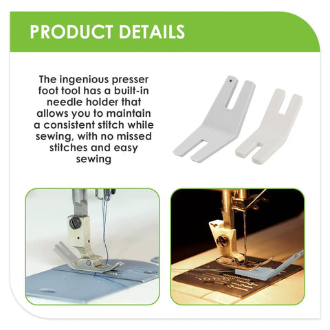 Six Piece Hump Jumper Sewing Tool Kit for Thick Hems and Denim, Seam Presser Foot, Bodkin and Button Accessories with presser foot detail.