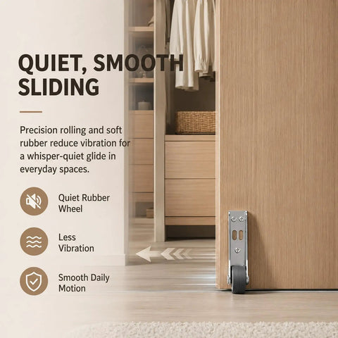 Heavy Duty Vertical Track Roller Wheel Built To Roll Smooth On Any Sliding Door Or Gate Featuring Whisper Quiet Rubber Bearing Casters and Universal Bottom Guide for No Fuss Home Upgrades, showing quiet rubber wheel in action.