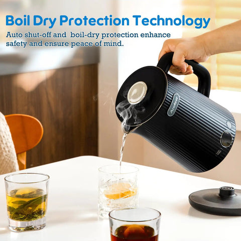 1.7L Large Electric Kettle With Temperature Control, 1200W Fast Boil, pouring hot water, black, BPA free, boil dry protection.