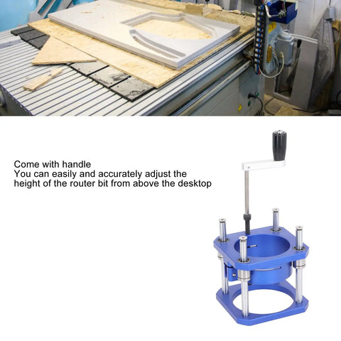 Solid As A Rock Aluminum Router Lift Base And Dead Nuts Precise Adjustable Lifting Kit For Woodshop Router Tables With Smooth Zero To Fifty Four Millimeter Height Fine Tune with adjustment handle