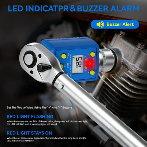 Half Inch Digital Torque Adapter Kit for Ratchets and Breaker Bars showing LED display and alerts, used in auto repairs.