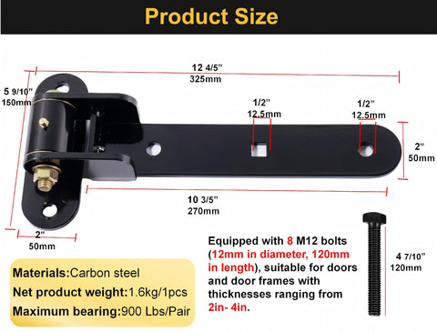 Diagram of Beefy 13 Inch Heavy Duty Gate Hinges That Handle 900 Lbs Load Capacity Thickened Solid Steel Build with measurements
