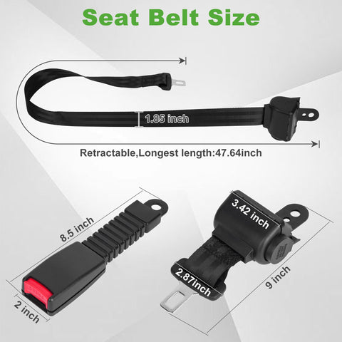 Universal Golf Cart Seat Belts Set Of 2 With 42 Inch Retractable Length overview showing dimensions and retractable feature.
