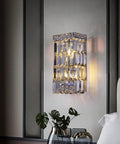 Indoor Modern Two Light Crystal Wall Sconce, Chrome Wall Mount Lamp With Hanging Crystal Balls, Silver Square Base K9 Crystal Light Fixtures for Bedroom