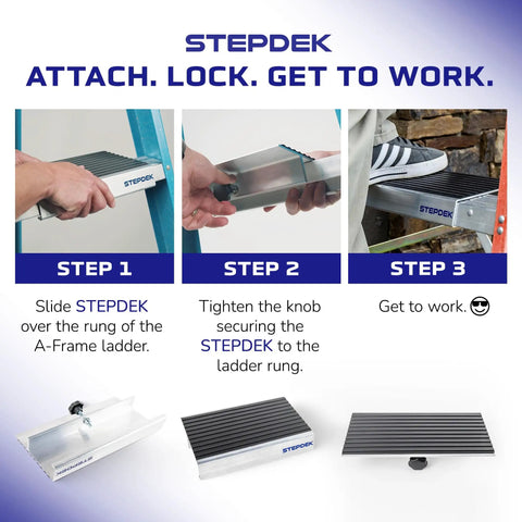 Instructions for Heavy Duty Aluminum Ladder Platform Attachment For A Frame Steps With Foolproof No Slip Grip lightweight jobsite.