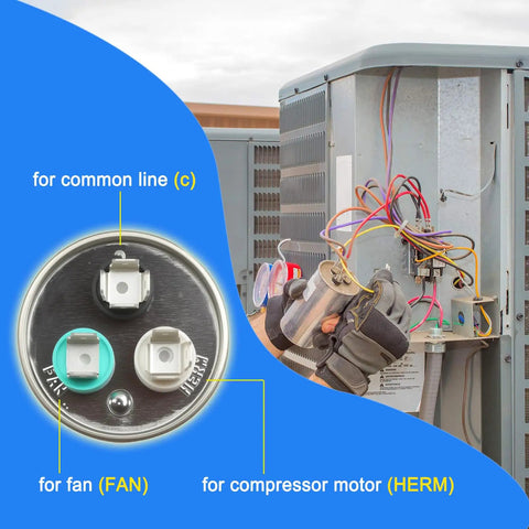 35 5 MFD Dual Run Capacitor For Air Conditioner CBB65 370 450 VAC connected to AC unit showcasing terminals for FAN and HERM.