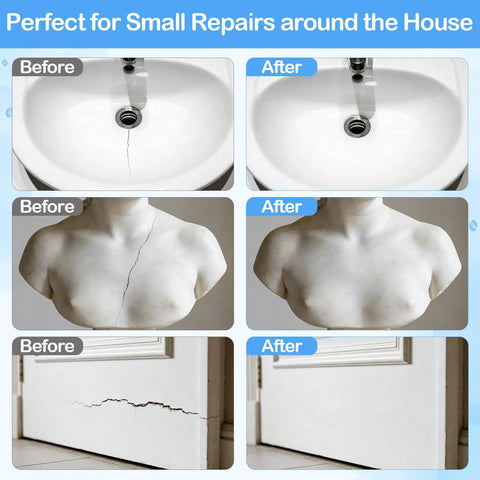 Before and after repairing a cracked sink, sculpture, and door using Two Part Epoxy Putty Kit 200g White And Black For Easy Fixes.