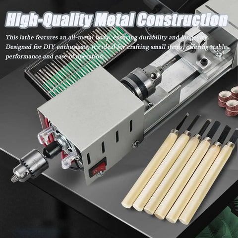 Tiny Powerhouse Mini Lathe For DIY Metal Wood Stone Projects with all-metal construction and tools for precise crafting.