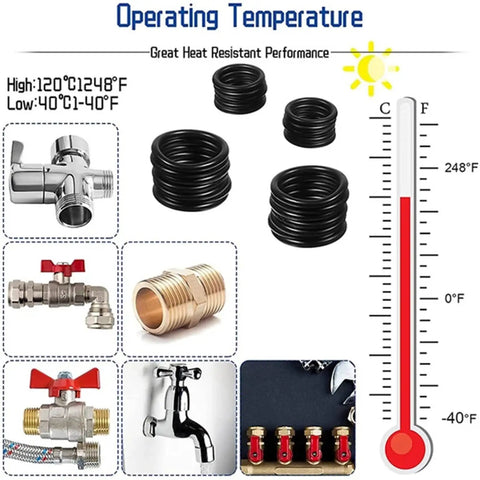 Oil Resistant Rubber O Rings And Washers Seals Assortment Kit Three Quarter Set with temperature range and usage examples.