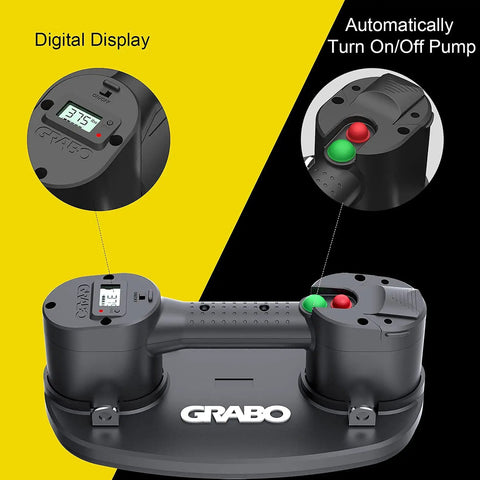 Grab On Pro Electric Suction Cup Lifter showing digital display and automatic pump buttons, portable heavy duty tool for easy lifting.