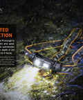HM60R Headlamp 1300 Lumen USB C Rechargeable Flood Light With Red Night Vision submerged in water showing IP68 protection