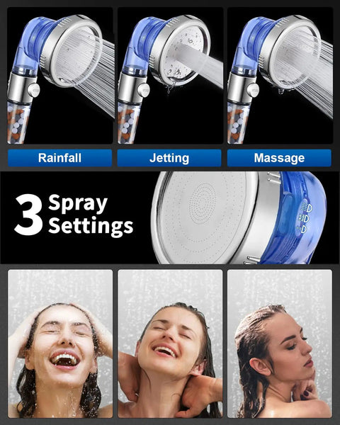 Hard Water Filtered Shower Head With High Pressure, 3 Modes And Handheld Spray, showing rainfall, jetting, and massage settings