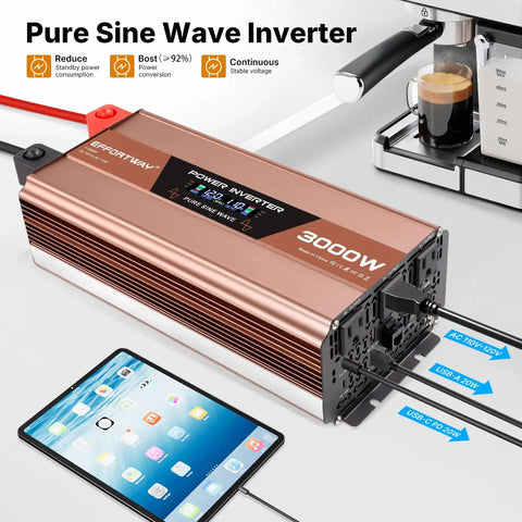 Dead Simple 3000 Watt Pure Sine Wave Inverter Converts 12V DC To 120V AC With Three Household Outlets Dual Type C And Type A Ports For RV And Off Grid Power, displayed with tablet.