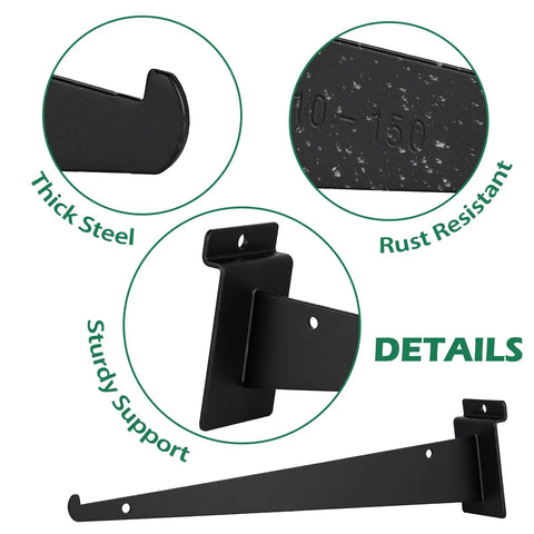 Close-up of a 12 Inch Slatwall Shelf Bracket Heavy Duty Lip for Garage and Retail Displays, thick steel, rust-resistant, black color.