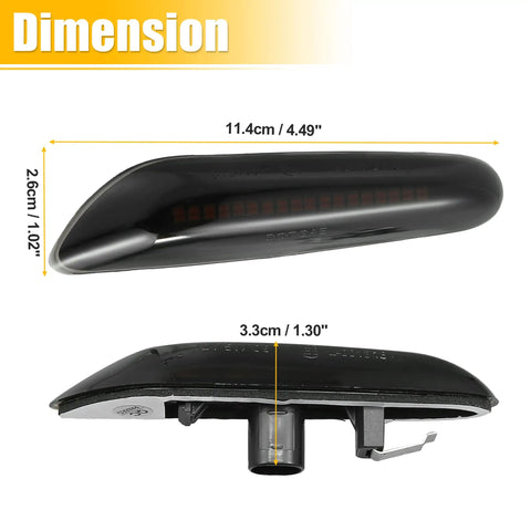 Dimensions of Full LED Side Turn Signals for BMW 1 3 5 Series E36 E46 E60 E87 E90 X1 X3 shown, 11.4cm by 2.6cm by 3.3cm.
