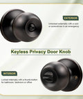 Exterior and interior view of Keyless Privacy Door Knobs Oil Rubbed Bronze Vintage Round Ball Style for bathroom and bedroom.
