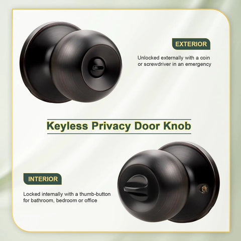 Exterior and interior view of Keyless Privacy Door Knobs Oil Rubbed Bronze Vintage Round Ball Style for bathroom and bedroom.