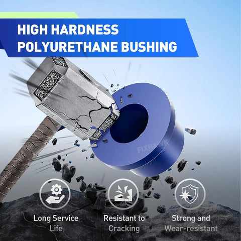 High hardness polyurethane bushing shown being struck, part of Big Time Polyurethane Front End Repair Bushing Kit For Club Car Ds Golf Cart 1993 Up.