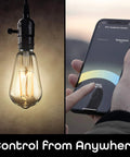 Smart WiFi Light Bulb With Alexa And Google Assistant No Fuss Setup Tunable White Led Dimmable And Programmable App Controlled Edison Style Bulb beside a smartphone with app control interface