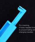 Close-up of blue needle holder from Automatic Needle Threader And Bodkin Set For Sewing Machines, 3 Piece PLA Tool Kit by Hicarer.