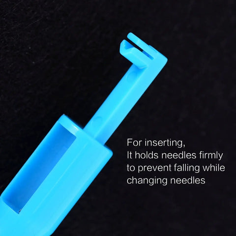 Close-up of blue needle holder from Automatic Needle Threader And Bodkin Set For Sewing Machines, 3 Piece PLA Tool Kit by Hicarer.