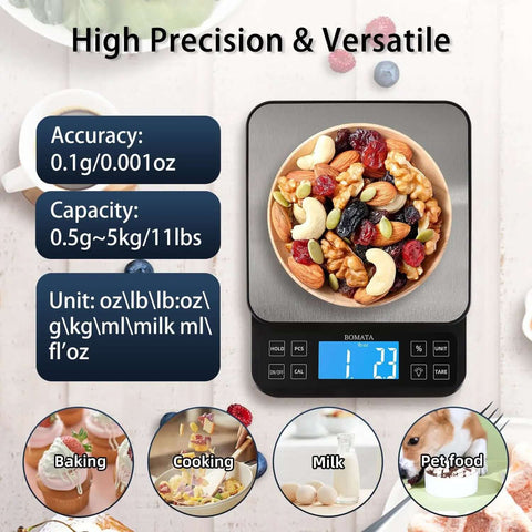 Large Kitchen Scale With 0.1g Precision And 11lb Capacity USB Rechargeable Hold Function Backlit LCD Stainless Steel Pan
