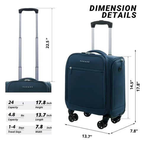 Underseat Carry On Luggage With Wheels Lightweight Softside Travel Bag 14.5 Inch Spinner Suitcase For Men And Women Airplane Friendly Underseat Bag Nautical Blue with dimensions