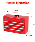 Image showing dimensions of Heavy Duty 4 Drawer Metal Tool Box With Ball Bearing Slides And Lid Interlock Safety Design Built Tough Steel Chest Cabinet For Garage Workshop And Home Tool Storage Red.