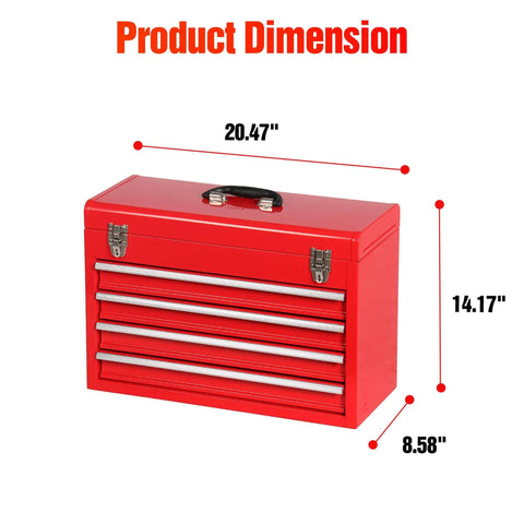 Image showing dimensions of Heavy Duty 4 Drawer Metal Tool Box With Ball Bearing Slides And Lid Interlock Safety Design Built Tough Steel Chest Cabinet For Garage Workshop And Home Tool Storage Red.