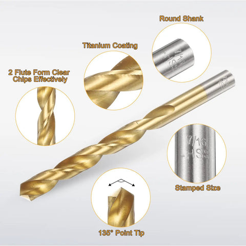 Heavy Duty Titanium Coated High Speed Steel Twist Drill Bits Set For Metal And Wood Seven Sixteenth Inch Diameter 142mm
