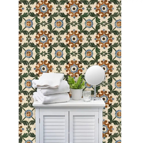 Straight Up Killer Distressed Tile Professional Wallpaper With a Matte Linen Texture for Kitchens and Bathrooms Durable PVC-Free Home Makeover Ready Paste to Paper Installation showing vibrant floral pattern behind white towels.