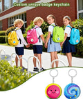 Students with backpacks using All In One Button And Keychain Making Kit With 100 Button Backs 20 Keychain Bases, DIY pins shown.
