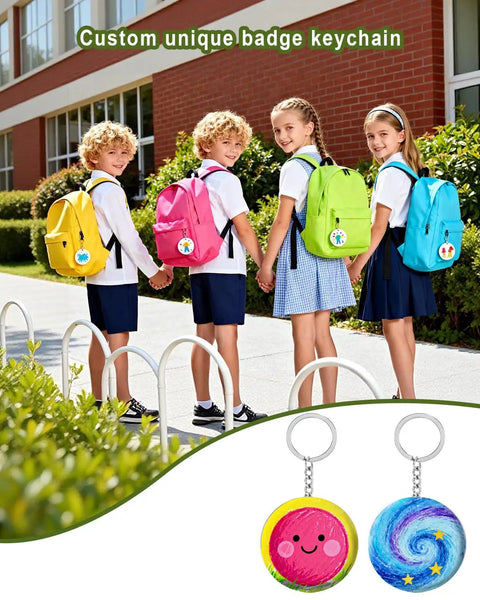 Students with backpacks using All In One Button And Keychain Making Kit With 100 Button Backs 20 Keychain Bases, DIY pins shown.